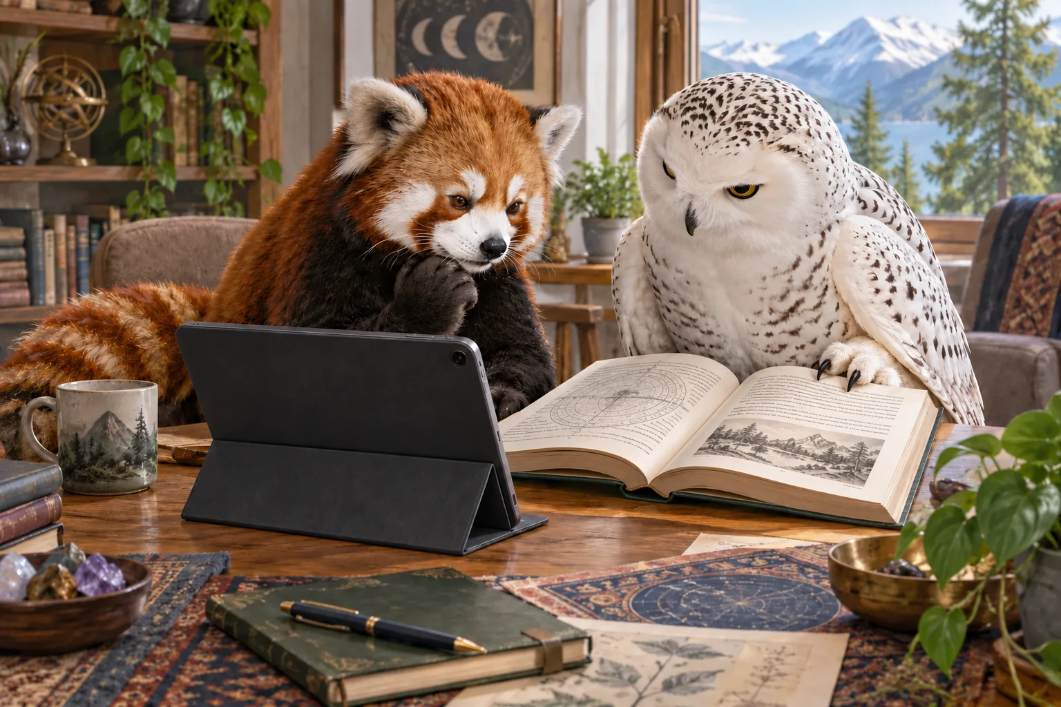 The red panda studies a tablet while the snowy owl examines an open reference book.
