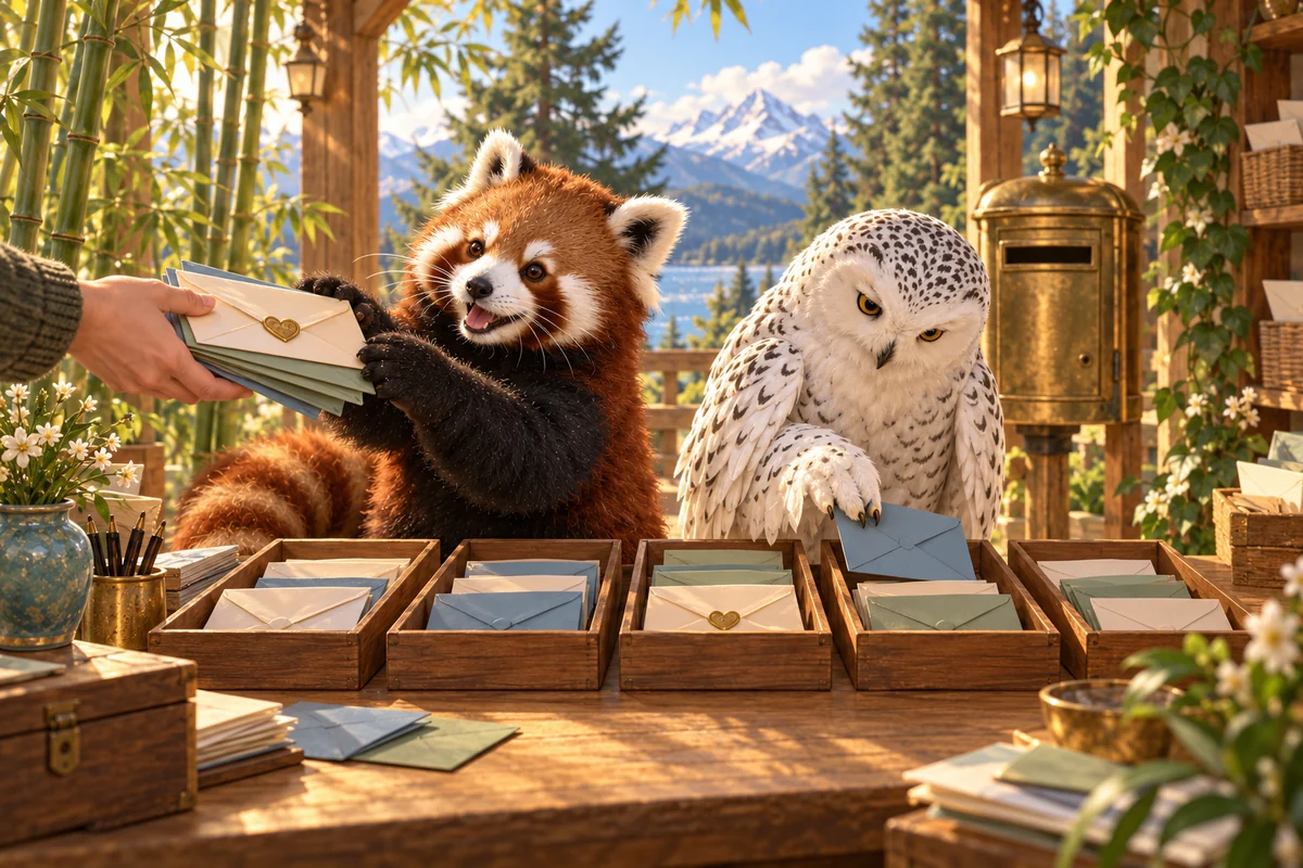 A happy red panda receives envelopes from a visitor while a snowy owl sorts letters into wooden trays in a sunlit woodland mailroom.