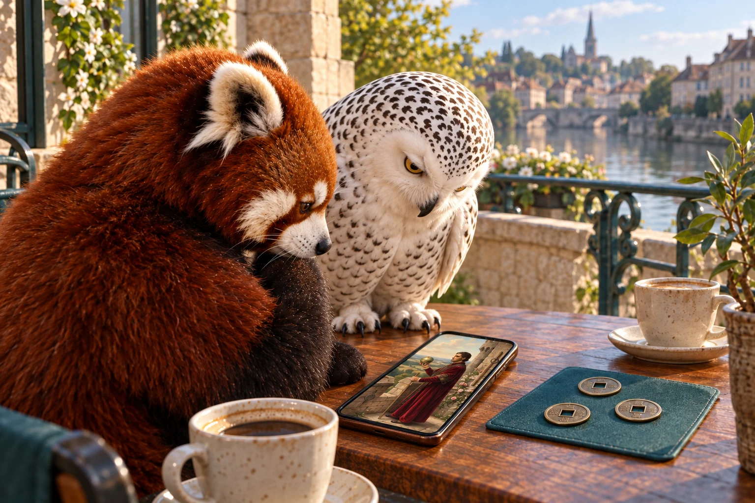 The red panda and snowy owl look down at a face-up phone showing Two of Wands beside three I Ching coins at a riverside café.
