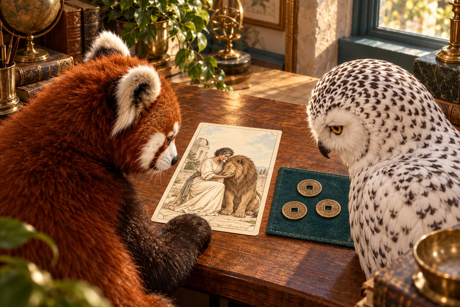A snowy owl and red panda study a face-up Strength card beside three I Ching coins at a wooden table.