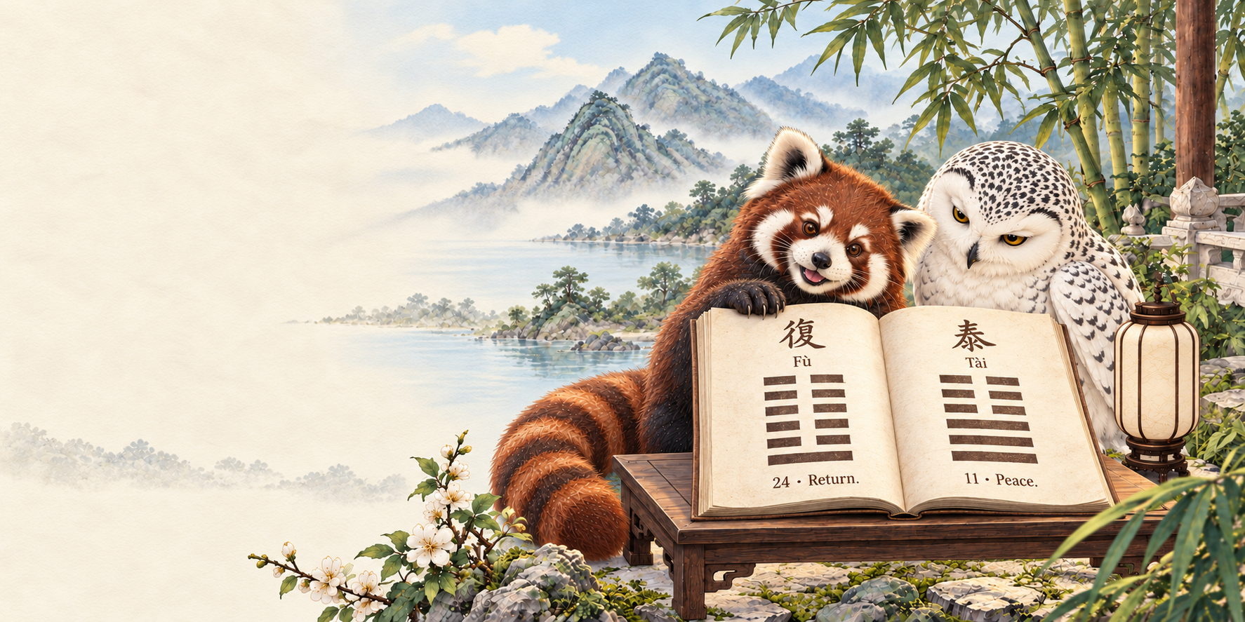 A red panda and snowy owl study an open I Ching book beside a lantern.