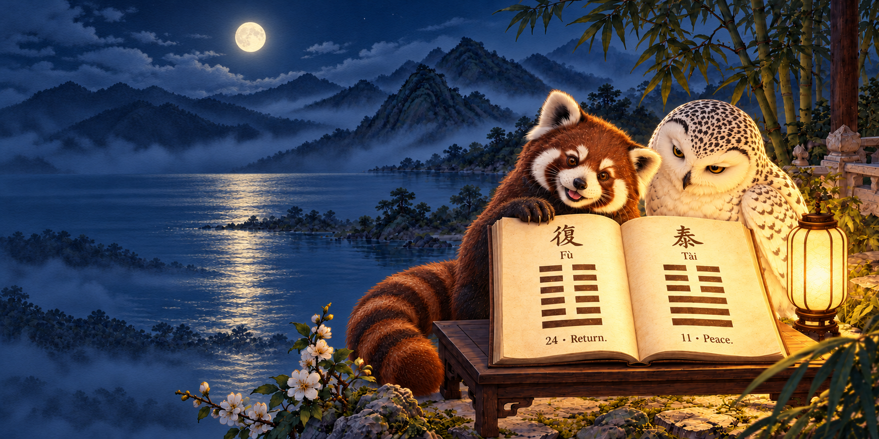 A red panda and snowy owl study an open I Ching book beside a lantern.
