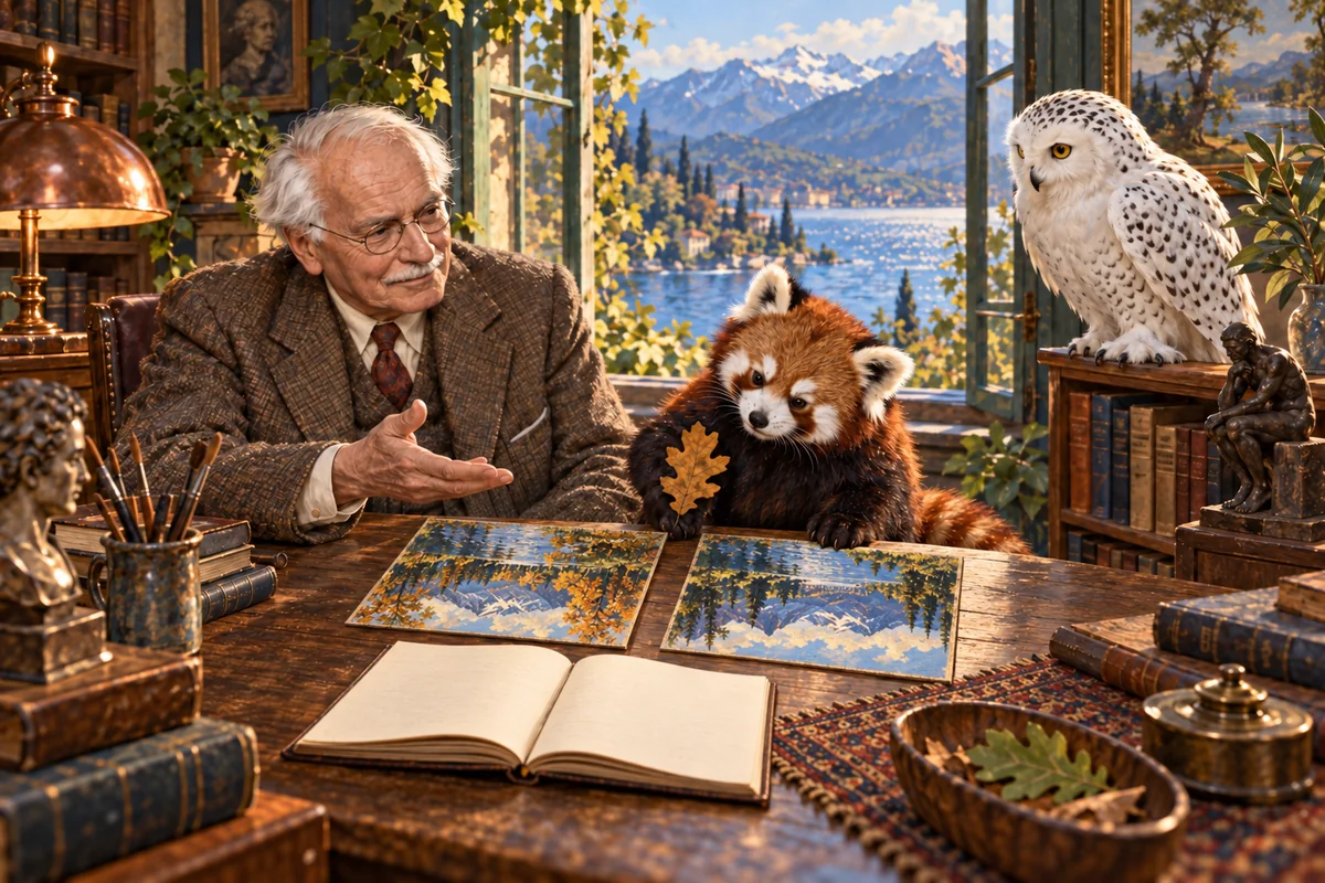 An imagined scene of Carl Jung, the red panda and owl studying correctly oriented landscape paintings.